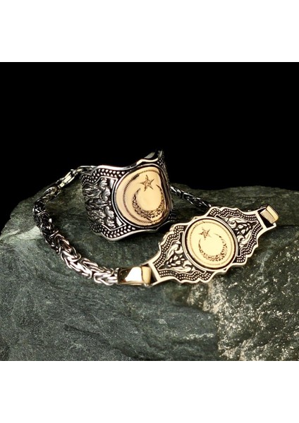 925 Ayar Gümüş Ayarlanabilir Kelime-I Tevhid Işlemeli Ayyıldız Yüzük Kral Bileklik Set