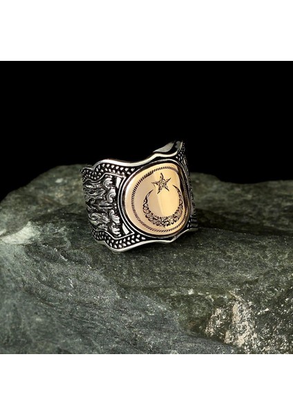 925 Ayar Gümüş Ayarlanabilir Kelime-I Tevhid Işlemeli Ayyıldız Yüzük Kral Bileklik Set modelleri