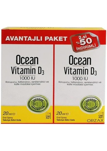 Ocean Vitamin D3 1000 Iu 20 ml Sprey 2'li Avantajlı Paket