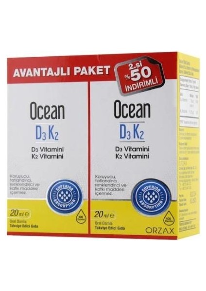 Ocean D3K2 Vitamin Damla 20ML x 2 Adet Avantajlı Paket
