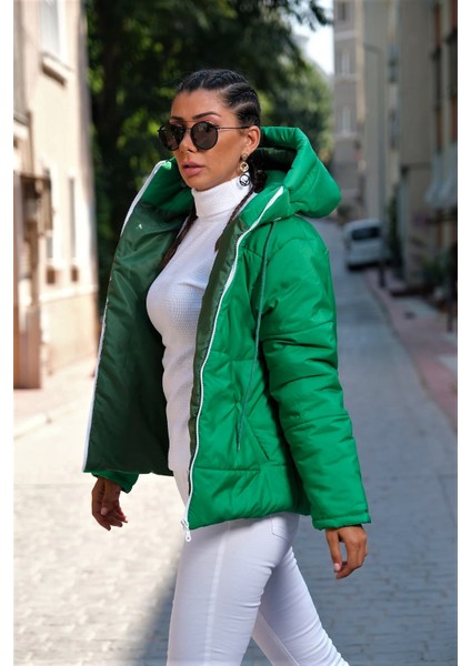 Kadın Yeşil Su Geçirmez Kapüşonlu Şişme Mont modelleri
