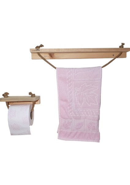Doğal Ahşap Banyo Havluluk Tuvalet Kağıtlığı Havlupan Jüt Ipli 2'li Set modelleri