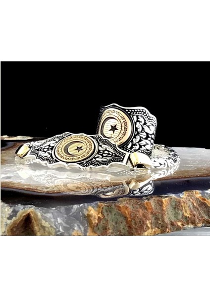 925 Ayar Gümüş Ayarlanabilir Ayyıldız Yüzük Kral Bileklik Set