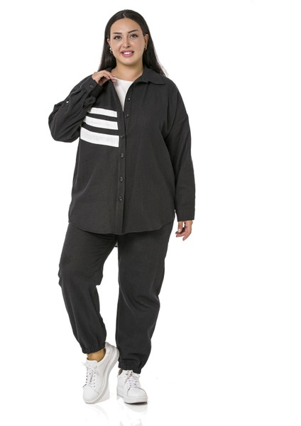 Büyük Beden Gömlek Pantolon Keten Siyah Takım