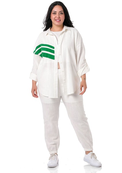 Büyük Beden Gömlek Pantolon Keten Beyaz Takım