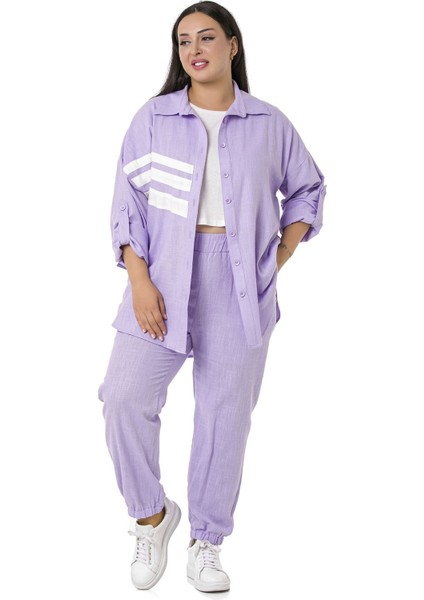 Büyük Beden Gömlek Pantolon Keten Lila Takım