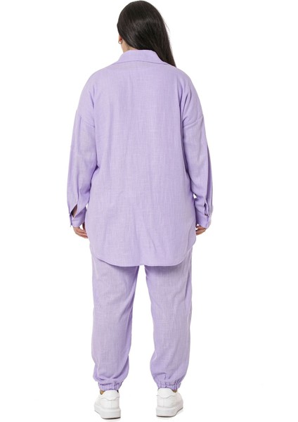 Büyük Beden Gömlek Pantolon Keten Lila Takım modelleri