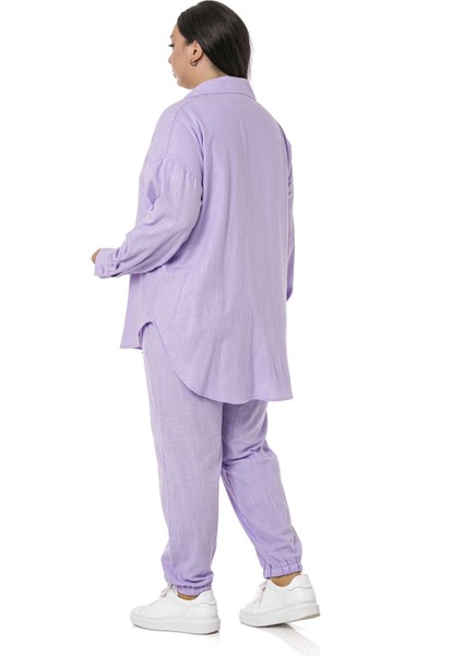 Büyük Beden Gömlek Pantolon Keten Lila Takım indirimleri