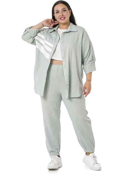 Büyük Beden Gömlek Pantolon Keten Su Yeşili Takım