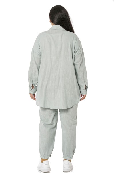 Büyük Beden Gömlek Pantolon Keten Su Yeşili Takım modelleri