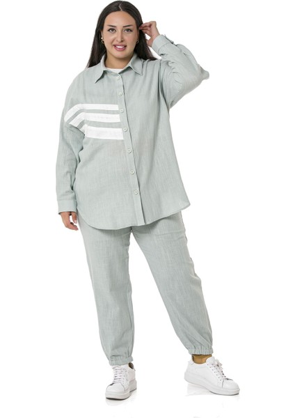 Büyük Beden Gömlek Pantolon Keten Su Yeşili Takım indirimleri