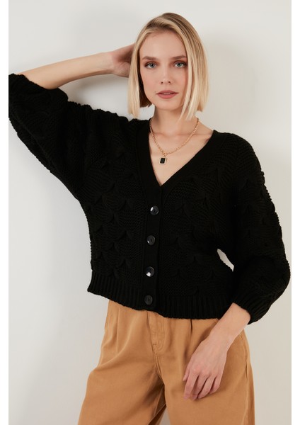 V Yaka Düğmeli Örgülü Triko Hırka Kadın Hırka 6310007