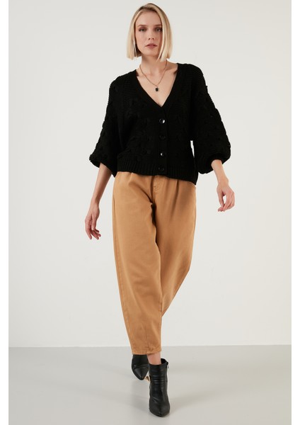 V Yaka Düğmeli Örgülü Triko Hırka Kadın Hırka 6310007 fırsatları