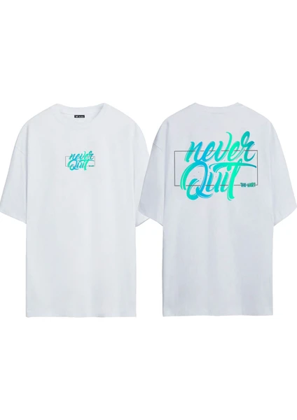 DAXİS Sportwear Company  Unisex Never Quit Baskılı Beyaz Oversize TShirt