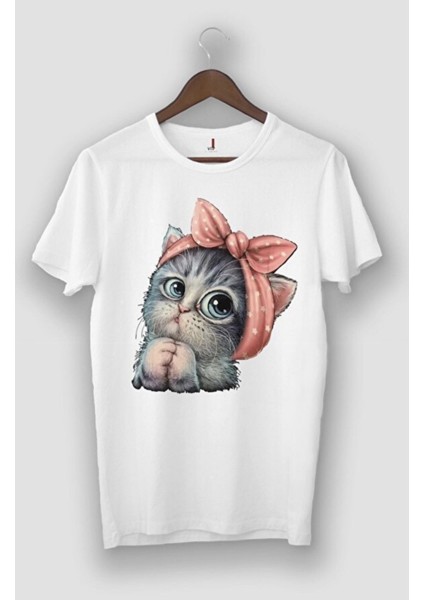 Zokawear Oversize Unisex Beyaz Sevimli Minik Kedi Baskılı TShirt