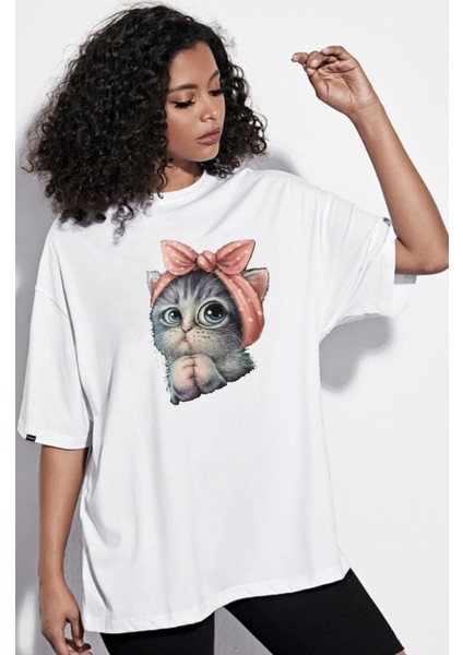Zokawear Oversize Unisex Beyaz Sevimli Minik Kedi Baskılı TShirt