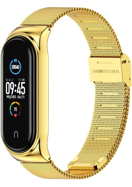 Xiaomi Mi Band 7 Uyumlu Kordon Metal Hasır Çelik Örgülü Klipsi Kayış Ayarlanır Gold