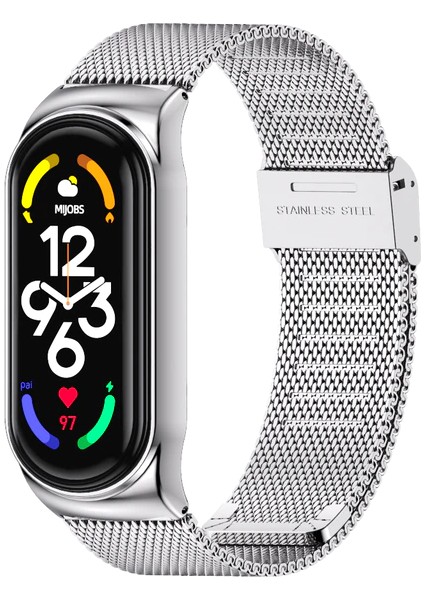 Xiaomi Mi Band 7 Uyumlu Kordon Metal Hasır Çelik Örgülü Klipsi Kayış Ayarlanır Gümüş