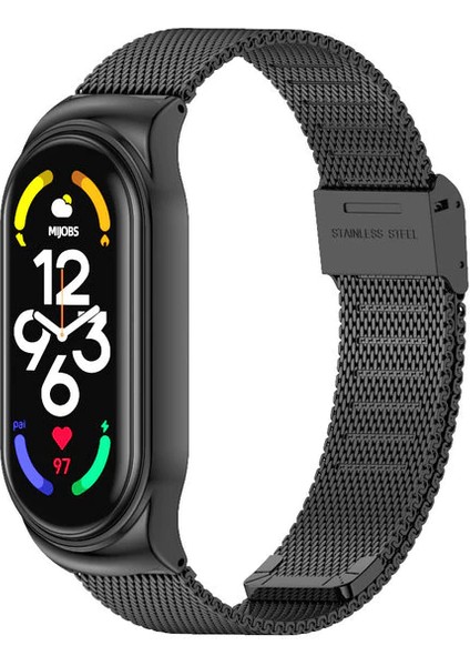Xiaomi Mi Band 7 Uyumlu Kordon Metal Hasır Çelik Örgülü Klipsi Kayış Ayarlanır Siyah