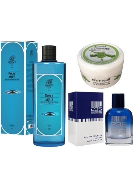 Aqua Kolonya 270 ml + 235 Parfüm Mavi Erkek 100 ml +Dermokil Nemlendirici El Yüz Bakım Kremi Aloe Vera Özlü 220 ml