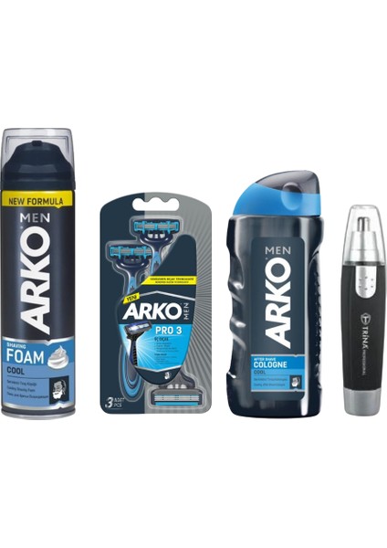Men Tıraş Köpüğü Cool 200 Ml+Arko Tıraş Bıçağı T3 Blister 3 Lü+Arko Men Tıraş Kolonyası Cool 250 Ml+Trina Professional Burun ve Kulak Kılı Kesme Makinası