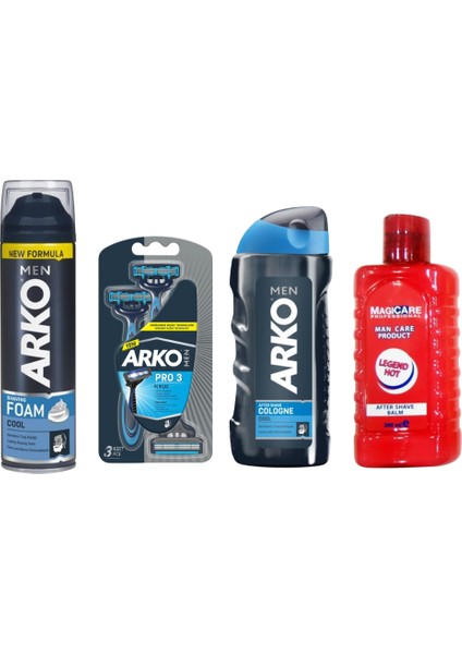 Magıcare After Shave Balm Legend Hot 200 Ml+Arko Men T3 Pro 3 Bıçaklı Tıraş Bıçağı 3'lü & Cool Tıraş Köpüğü 200 ml & Cool Tıraş Kolonyası 250 ml Süper Fırsat Tıraş Paketi