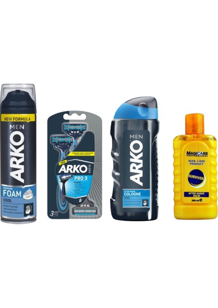 Magıcare After Shave Balm Survıver 200 Ml+Arko Men T3 Pro 3 Bıçaklı Tıraş Bıçağı 3'lü & Cool Tıraş Köpüğü 200 ml & Cool Tıraş Kolonyası 250 ml Süper Fırsat Tıraş Paketi