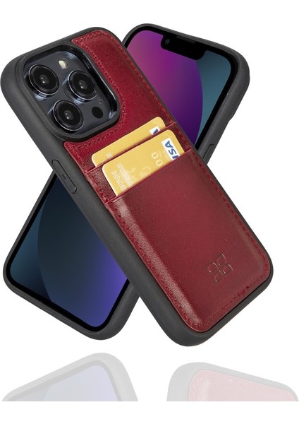 Apple iPhone 14 Pro Uyumlu Deri Kartlıklı Arka Kapak V4EF Kırmızı