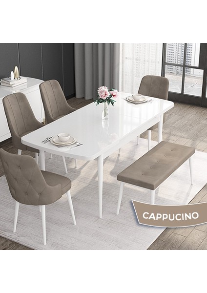 Concept Roy Serisi 80 x 132 cm Açılabilir Mdf Masa Beyaz Mutfak Masa Takımı 4 Sandalye 1 Bench