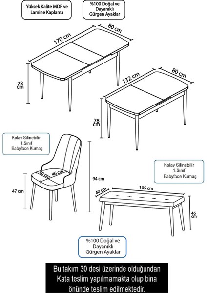 Concept Roy Serisi 80 x 132 cm Açılabilir Mdf Masa Beyaz Mutfak Masa Takımı 4 Sandalye 1 Bench