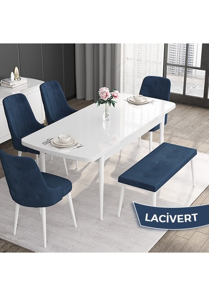 Concept Roy Serisi 80 x 132 cm Açılabilir Mdf Masa Beyaz Mutfak Masa Takımı 4 Sandalye 1 Bench