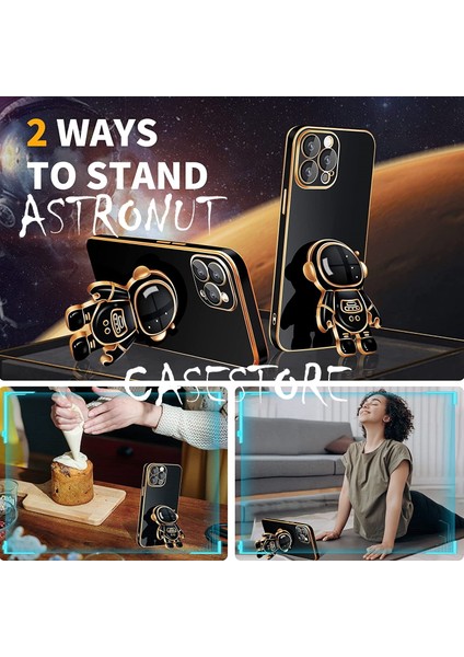 Iphone 12 Pro Max Uyumlu Kılıf Kamera Lens Korumalı Astronut Standlı 6d Sevimli Parlak Gold Kenarlı Altın Şerit Işlemeli Silikon Gezegen Uzay Yeni Moda Amazing