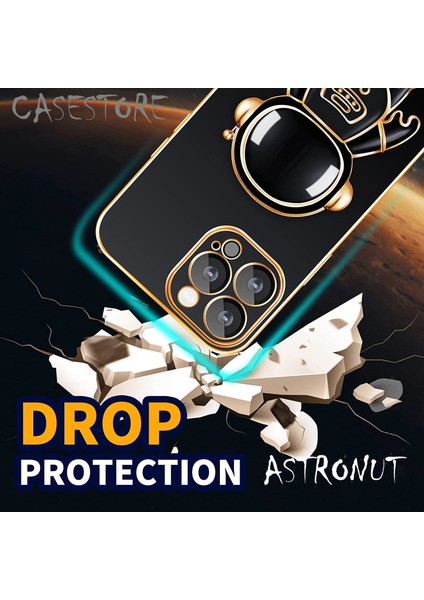 Iphone 12 Pro Max Uyumlu Kılıf Kamera Lens Korumalı Astronut Standlı 6d Sevimli Parlak Gold Kenarlı Altın Şerit Işlemeli Silikon Gezegen Uzay Yeni Moda Amazing