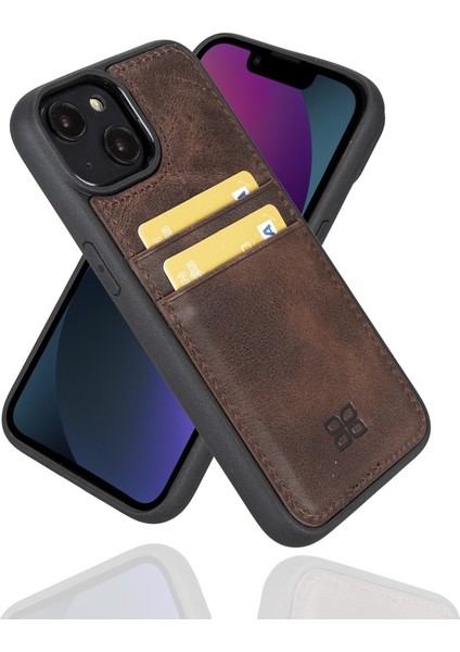 Apple iPhone 14 Uyumlu Deri Kartlıklı Arka Kapak Tn3 Kahve