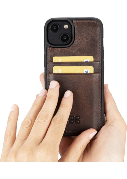 Apple iPhone 14 Uyumlu Deri Kartlıklı Arka Kapak Tn3 Kahve