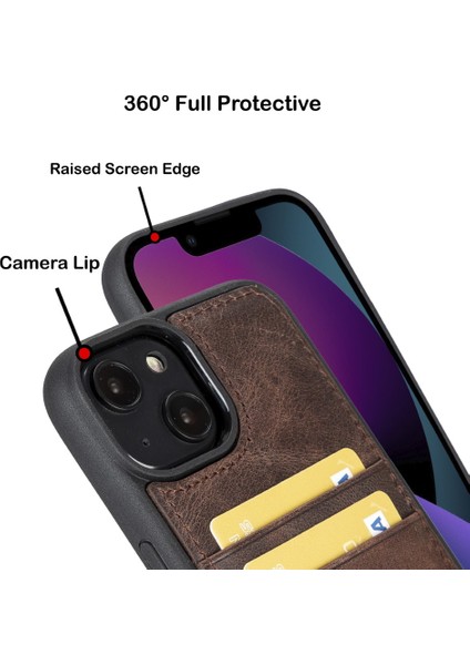 Apple iPhone 14 Uyumlu Deri Kartlıklı Arka Kapak Tn3 Kahve
