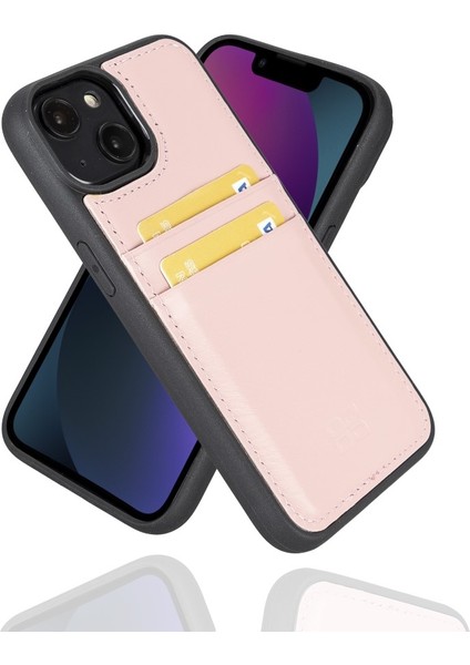 Apple iPhone 14 Uyumlu Deri Kartlıklı Arka Kapak Nu2 Pembe
