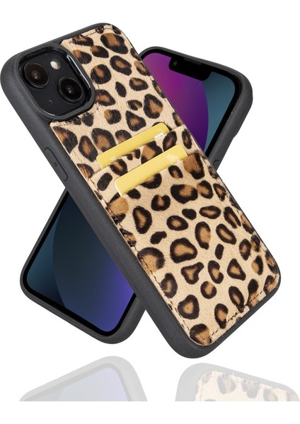 Apple iPhone 14 Max Uyumlu Deri Kartlıklı Arka Kapak Leo1 Leopar