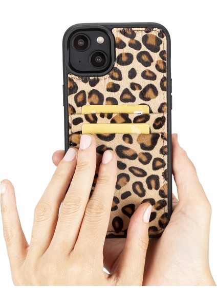 Apple iPhone 14 Max Uyumlu Deri Kartlıklı Arka Kapak Leo1 Leopar