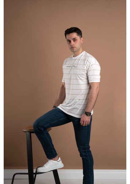Oversize Çizgili Sıfır Yaka Erkek Penye T-Shirt