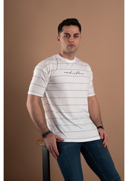 Oversize Çizgili Sıfır Yaka Erkek Penye T-Shirt fiyatları