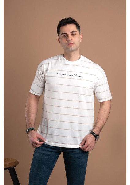 Oversize Çizgili Sıfır Yaka Erkek Penye T-Shirt modelleri