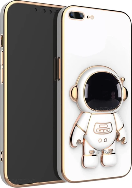 Iphone 8 Plus Uyumlu Kılıf Kamera Lens Korumalı Astronut Standlı 6d Sevimli Parlak Gold Kenarlı Altın Şerit Işlemeli Silikon Gezegen Uzay Yeni Moda Astronot