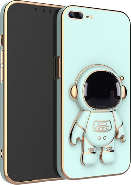 Iphone 8 Plus Uyumlu Kılıf Kamera Lens Korumalı Astronut Standlı 6d Sevimli Parlak Gold Kenarlı Altın Şerit Işlemeli Silikon Gezegen Uzay Yeni Moda Astronot