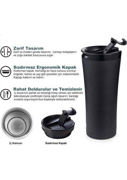 Ergonomik Çift Katman Sızdırmaz 304 Paslanmaz Çelik 500ML Gri Termos Bardak