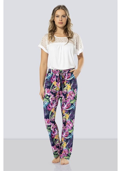 3302 Lacivert Kadın Desenli Pijama Takımı
