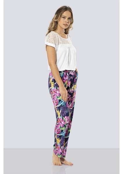 3302 Lacivert Kadın Desenli Pijama Takımı