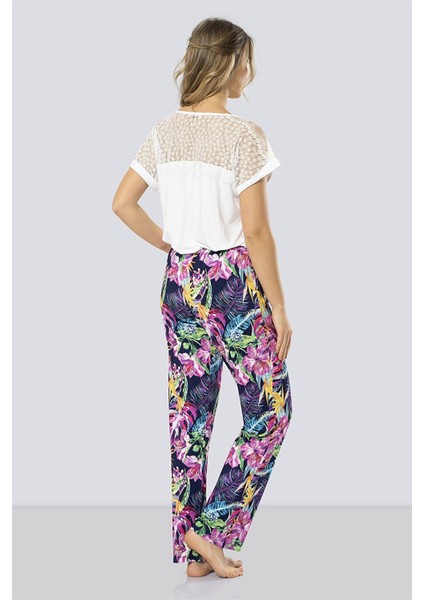 3302 Lacivert Kadın Desenli Pijama Takımı