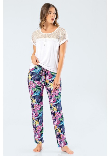 3302 Lacivert Kadın Desenli Pijama Takımı