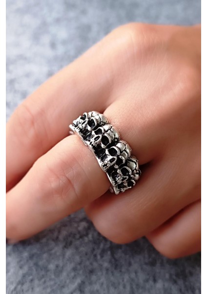 Kuru Kafalar Şekilli Gümüş Kaplama Ayarlanabilir Unisex Yüzük El Yapımı Gotik Yüzük